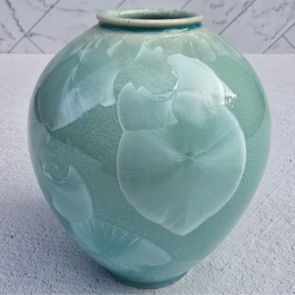 Crystalline Glaze Studio Pottery Vase Celadon Green 5 Inch D. Crossley 2011